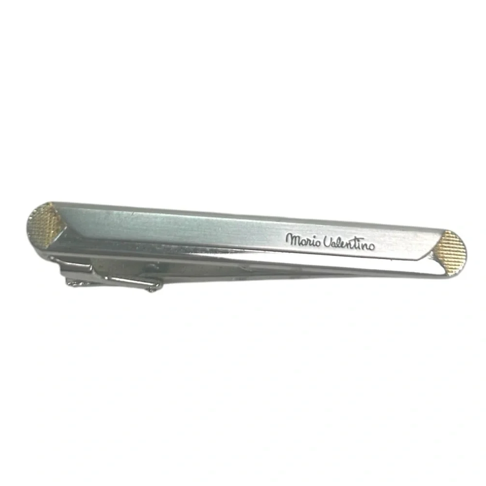 Mario Valentino Vintage Style Tie Clip Silver Gold Dress Accessory